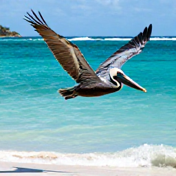 Caribbean Holidays, January Birdwatching, A close view of a brown pelican flying above turquoise Caribbean water beside a sandy beach in the United States Virgin Islands