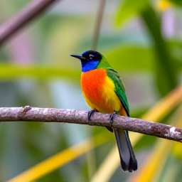 Caribbean Holidays, January Birdwatching, A close view of a colourful Barbados bird perched on a branch above tropical foliage, photographed in soft morning light