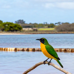 Caribbean Holidays, January Birdwatching, A close view of a tropical bird perched on a branch near a Saint Barth&eacute;lemy salt pond, with calm water and coastal vegetation behind it