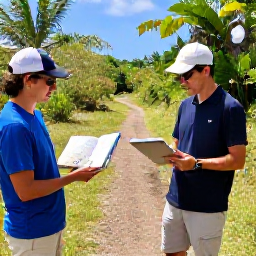 Caribbean Holidays, January Birdwatching, A friendly expert birdwatching guide showing visitors a bird in a field guide on a sunny Saint Kitts trail