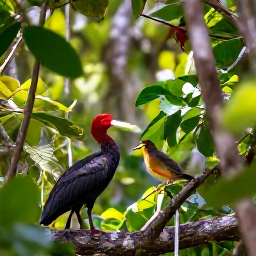 Caribbean Holidays, January Birdwatching, A green forest trail on St John with a red-billed tropicbird and bananaquit among tropical foliage, morning light