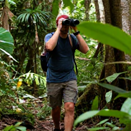 Caribbean Holidays, January Birdwatching, A keen birdwatcher with binoculars walking through lush rainforest on Saint Vincent