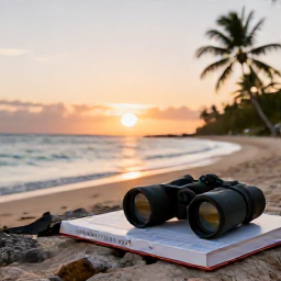 Caribbean Holidays, January Birdwatching, A peaceful Barbados coastline at sunset with a pair of binoculars resting beside a field guide, palm trees and calm sea in the background