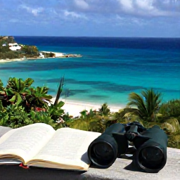 Caribbean Holidays, January Birdwatching, A quiet coastal viewpoint on Saint Barth&eacute;lemy in January, with binoculars resting beside a field guide and bright Caribbean sea in the background