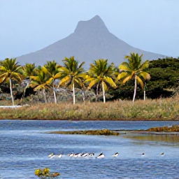 Caribbean Holidays, January Birdwatching, A quiet coastal wetland on Nevis with wading birds, palm trees and Nevis Peak in the background