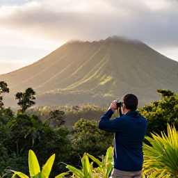 Caribbean Holidays, January Birdwatching, A quiet dawn view across Montserrat's green volcanic hills, with a birdwatcher holding binoculars beside tropical woodland