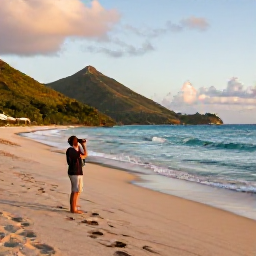 Caribbean Holidays, January Birdwatching, A relaxed January afternoon on a Saint Barth&eacute;lemy beach, with a traveller using binoculars near the shore and hills behind the bay