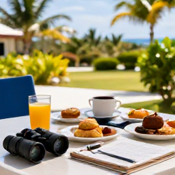 Caribbean Holidays, January Birdwatching, A relaxed outdoor breakfast at a small Caribbean hotel, with binoculars, a field guide and tropical garden views