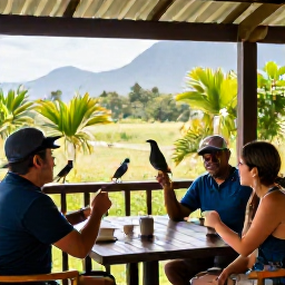 Caribbean Holidays, January Birdwatching, A relaxed outdoor caf&eacute; or terrace in Montserrat where travellers discuss birds after a morning excursion, with tropical scenery beyond
