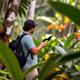 Caribbean Holidays, January Birdwatching, Birdwatcher observing a Caribbean hummingbird in a lush forest, with tropical foliage and soft morning light