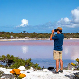 Caribbean Holidays, January Birdwatching, Birdwatcher using binoculars beside a calm salt pond on Providenciales, with low scrub and brilliant blue sky