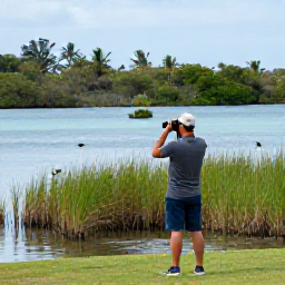 Caribbean Holidays, January Birdwatching, Birdwatcher using binoculars beside a peaceful mangrove lagoon on Tortola, with small Caribbean birds in the reeds