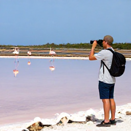 Caribbean Holidays, January Birdwatching, Birdwatcher using binoculars beside a quiet Cura&ccedil;ao salt pan with flamingos in the distance