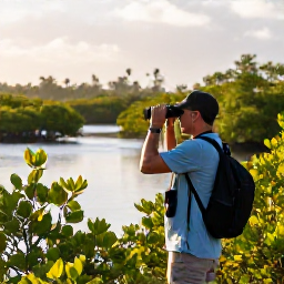 Caribbean Holidays, January Birdwatching, Birdwatcher using binoculars beside a quiet mangrove wetland on Providenciales, surrounded by Caribbean vegetation and soft morning light