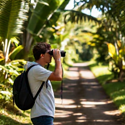 Caribbean Holidays, January Birdwatching, Birdwatcher using binoculars beside a quiet tropical trail in Tobago during a sunny January morning