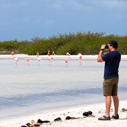 Caribbean Holidays, January Birdwatching, Birdwatcher using binoculars beside a salt lake with flamingos and mangroves on Bonaire