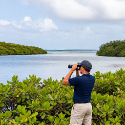 Caribbean Holidays, January Birdwatching, Birdwatcher using binoculars beside mangroves and a calm lagoon on St Croix, US Virgin Islands