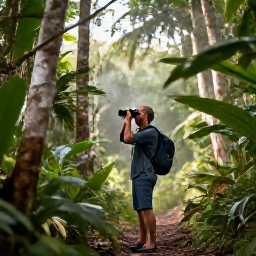 Caribbean Holidays, January Birdwatching, Birdwatcher using binoculars on a forest trail beneath Mount Liamuiga, Saint Kitts, with tropical vegetation and morning light