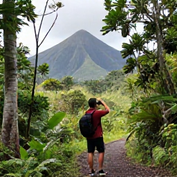 Caribbean Holidays, January Birdwatching, Birdwatcher using binoculars on a forest trail in Montserrat in January, lush tropical vegetation and volcanic hills in the background