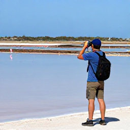 Caribbean Holidays, January Birdwatching, Birdwatcher with binoculars beside a peaceful Cura&ccedil;ao salt pan, with flamingos and wading birds in the distance