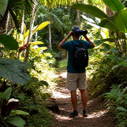 Caribbean Holidays, January Birdwatching, Birdwatcher with binoculars on a forest trail in the Dominican Republic, warm January morning light and tropical vegetation