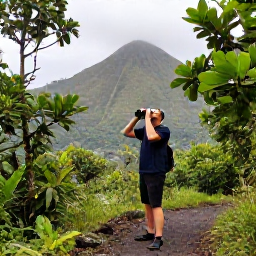 Caribbean Holidays, January Birdwatching, Birdwatcher with binoculars on a rainforest trail in Saint Lucia, surrounded by green foliage and volcanic hills