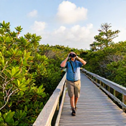 Caribbean Holidays, January Birdwatching, Birdwatcher with binoculars walking along a boardwalk through Cayman Islands mangroves on a clear January morning