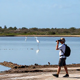 Caribbean Holidays, January Birdwatching, Birdwatcher with binoculars walking beside a peaceful salt pond in Sint Maarten, with egrets and ducks in the distance