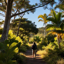 Caribbean Holidays, January Birdwatching, Birdwatcher with binoculars walking through Antigua woodland at sunrise, tropical trees and clear blue sky