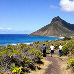 Caribbean Holidays, January Birdwatching, Birdwatchers exploring a peaceful coastal track on Montserrat with sea views, scrubland and bright Caribbean sunshine