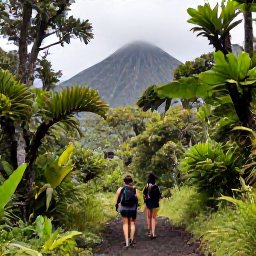 Caribbean Holidays, January Birdwatching, Birdwatchers walking on a forest trail in Montserrat, surrounded by lush tropical vegetation and volcanic mountains