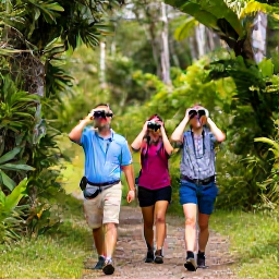 Caribbean Holidays, January Birdwatching, Birdwatchers walking quietly along a green forest trail on Mount Liamuiga, Saint Kitts, with binoculars