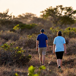 Caribbean Holidays, January Birdwatching, Birdwatchers walking through dry Caribbean scrub on Saint Barth&eacute;lemy, observing small tropical birds among low bushes under soft morning sunlight