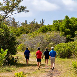 Caribbean Holidays, January Birdwatching, Birdwatchers walking through the lush grounds of a Barbados nature reserve, with woodland, open grass and a distant Caribbean sky