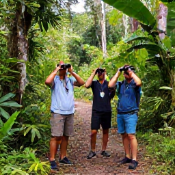 Caribbean Holidays, January Birdwatching, Birdwatchers with binoculars exploring a lush rainforest trail in Trinidad with a local guide