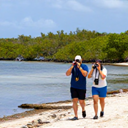 Caribbean Holidays, January Birdwatching, Birdwatchers with binoculars walking beside a quiet salt pond and mangrove habitat in Sint Maarten