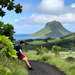 Caribbean Holidays, January Birdwatching, Birdwatching holiday scene in Montserrat with a hiker resting beside a tropical trail, sea views and green volcanic hills