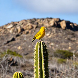 Caribbean Holidays, January Birdwatching, Bright yellow trupial perched on a cactus in Cura&ccedil;ao dry woodland, with rocky hills behind