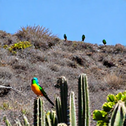 Caribbean Holidays, January Birdwatching, Colourful Caribbean birds perched among cactus and scrub on a dry hillside above Saint-Martin&rsquo;s coastline
