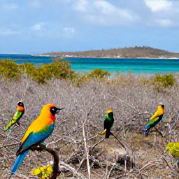 Caribbean Holidays, January Birdwatching, Colourful Caribbean birds perched in dry forest and scrub with turquoise sea in the background, US Virgin Islands