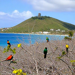 Caribbean Holidays, January Birdwatching, Colourful Caribbean birds perched in dry woodland with distant turquoise sea and green hills on Saint Martin