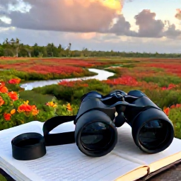 Caribbean Holidays, January Birdwatching, Colourful Caribbean wetlands at sunrise with binoculars and a field guide in the foreground