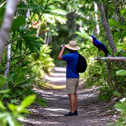 Caribbean Holidays, January Birdwatching, Colourful Cayman Islands birds in native woodland, with a birdwatcher quietly observing from a shaded trail