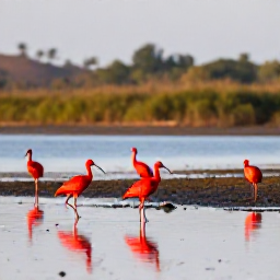 Caribbean Holidays, January Birdwatching, Colourful scarlet ibis and other tropical birds in a calm Trinidad wetland at sunrise