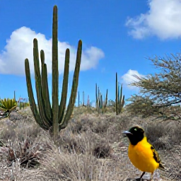 Caribbean Holidays, January Birdwatching, Cura&ccedil;ao countryside with tall cacti, dry woodland and a bright blue sky, featuring a yellow-breasted oriole in the foreground