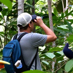 Caribbean Holidays, January Birdwatching, Friendly birdwatching guide and traveller scanning treetops in a Dominican Republic nature reserve during January