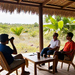 Caribbean Holidays, January Birdwatching, Friendly birdwatching holidaymakers relaxing at a Cura&ccedil;ao nature lodge after a morning excursion