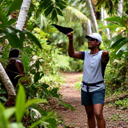 Caribbean Holidays, January Birdwatching, Friendly local birdwatching guide leading travellers along a shaded Caribbean nature trail