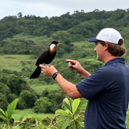 Caribbean Holidays, January Birdwatching, Friendly local birdwatching guide showing a visitor a bird in a green Caribbean valley