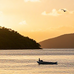 Caribbean Holidays, January Birdwatching, Golden sunset over the British Virgin Islands, with a calm bay, green hills and silhouetted seabirds